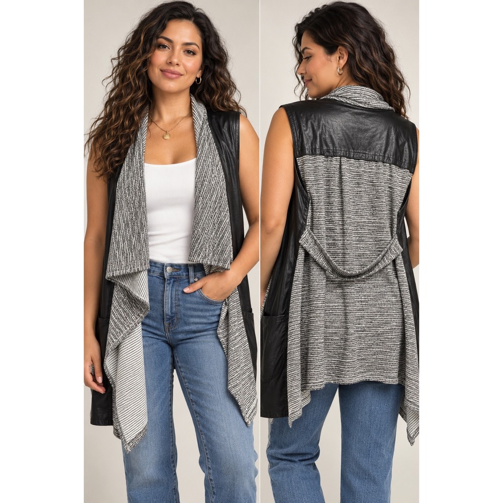 THML Open Front Drape Vest Faux Leather Knit Mixed Media Moto Edgy M